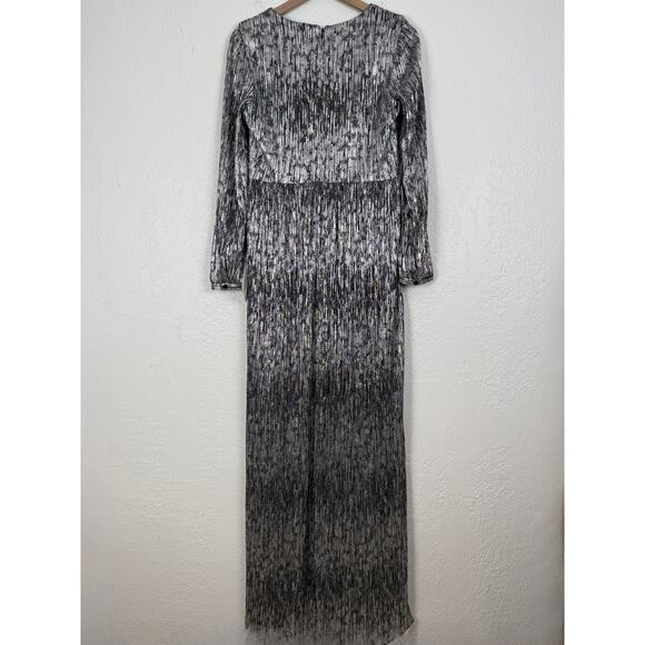 Dress The Population Cia Metallic Long Sleeve Maxi Dress Silver Black NWOT Large - Picture 5 of 9